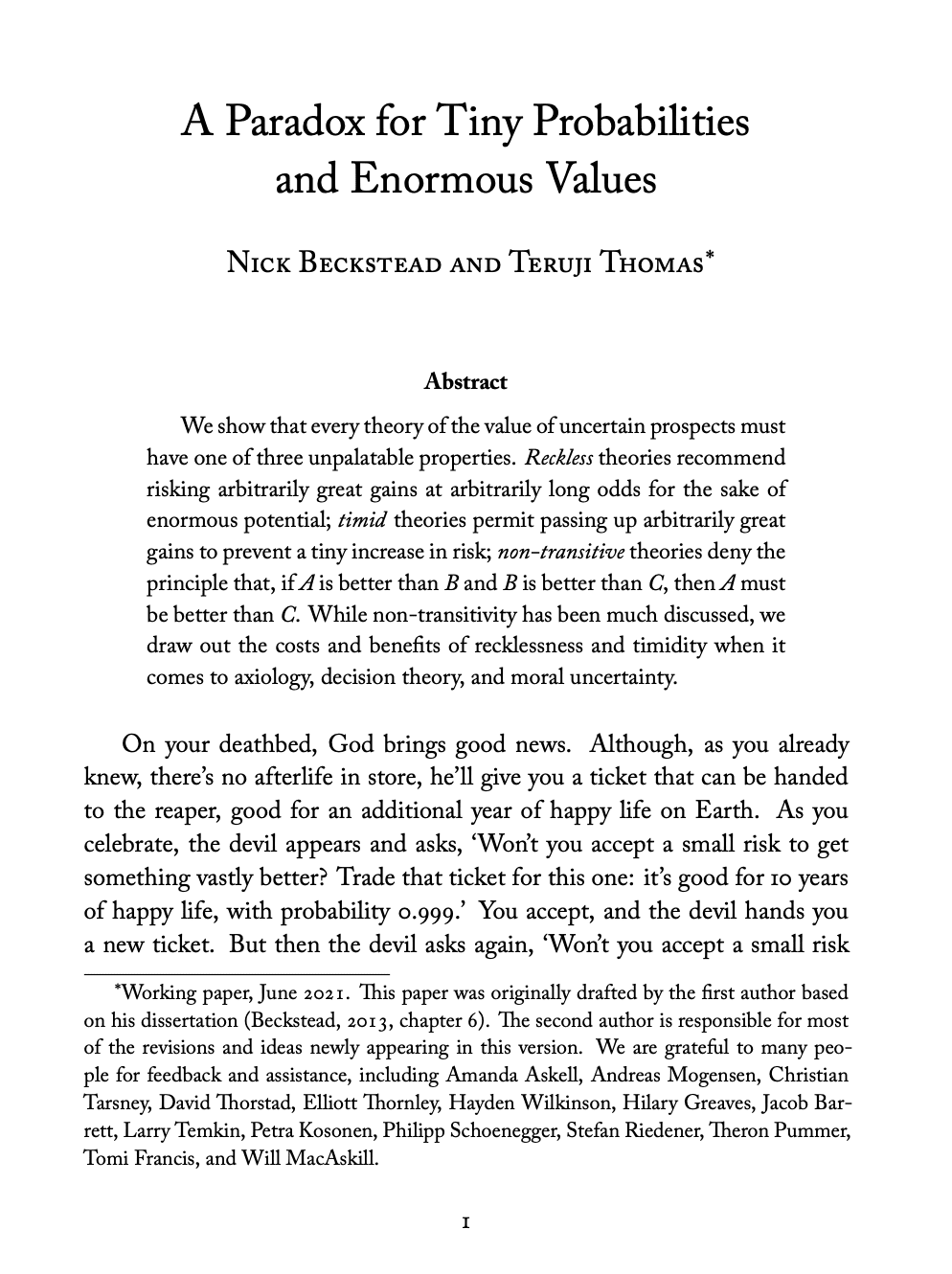 Beckstead-Thomas - Recklessness-A Paradox for Tiny Probabilities and Enormous Values Version 2 cover