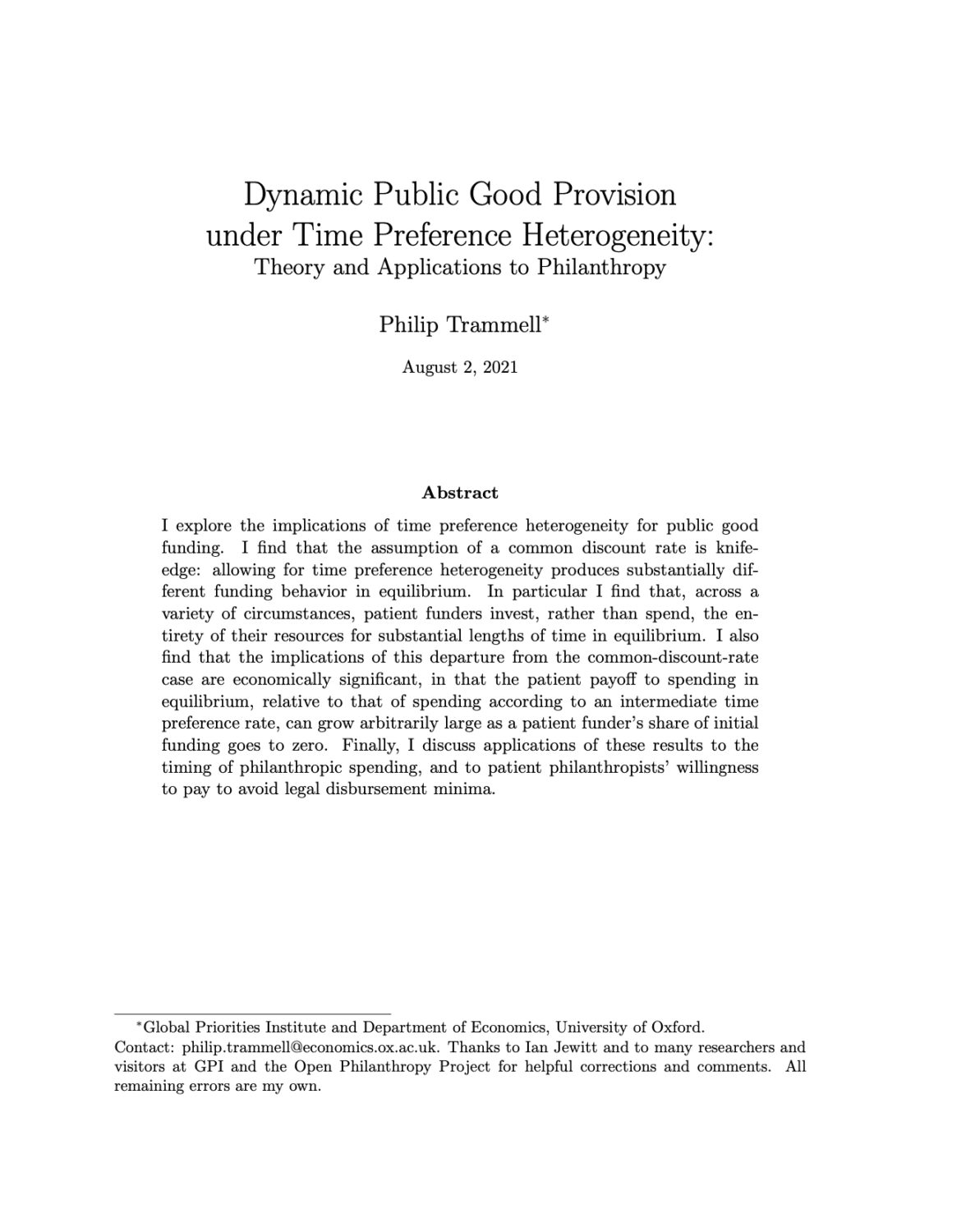 Trammell - Dynamic Public Good Provision under Time Preference Heterogeneity Cover